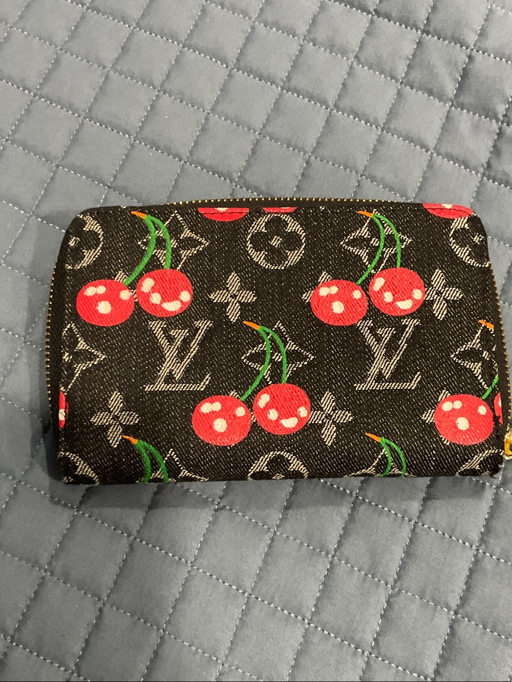 Designer-Inspired L.V. Cherry Print Black Zip Wallet